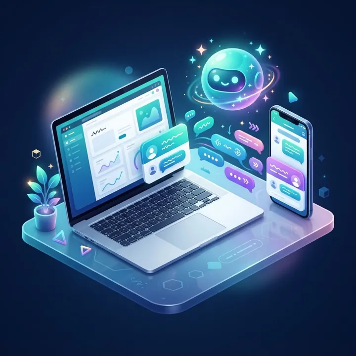 Иллюстрация: ноутбук с чат-виджетом ИИ-консультанта на сайте и смартфон с тем же диалогом