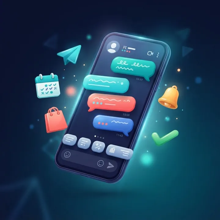 Иллюстрация: смартфон с чат-ботом для бизнеса в Telegram, вокруг иконки заявок, календаря и оплаты